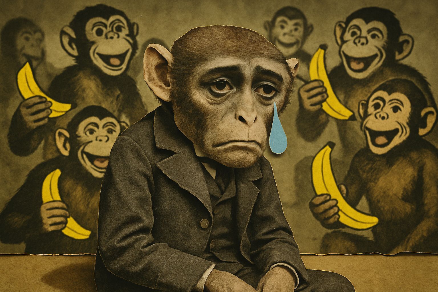 Existential Monkey Despair in Paper Cut-Out Collage
