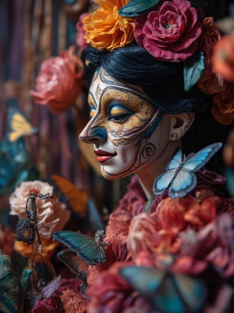 Dia de Los Muertos Woman with Flowers and Butterflies