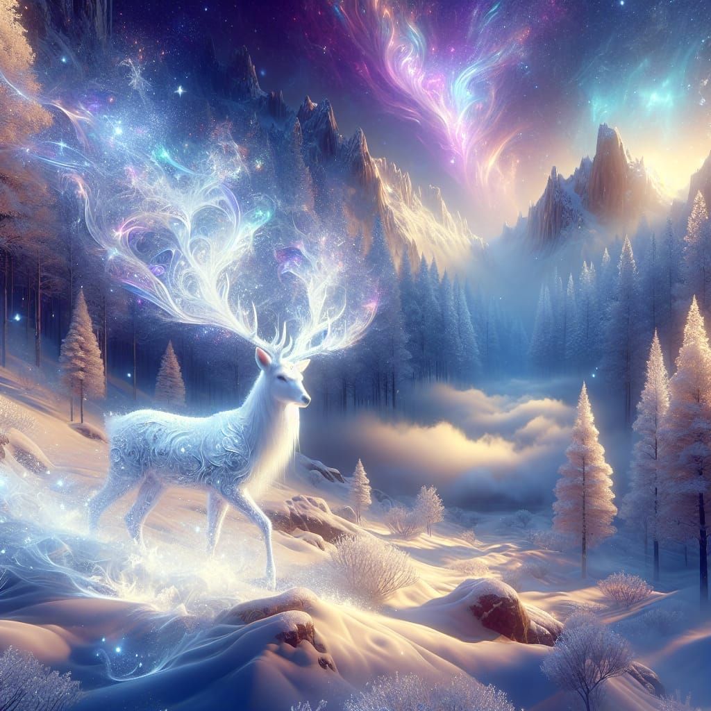 Mystical Winter Landscape with Ethereal White Stag