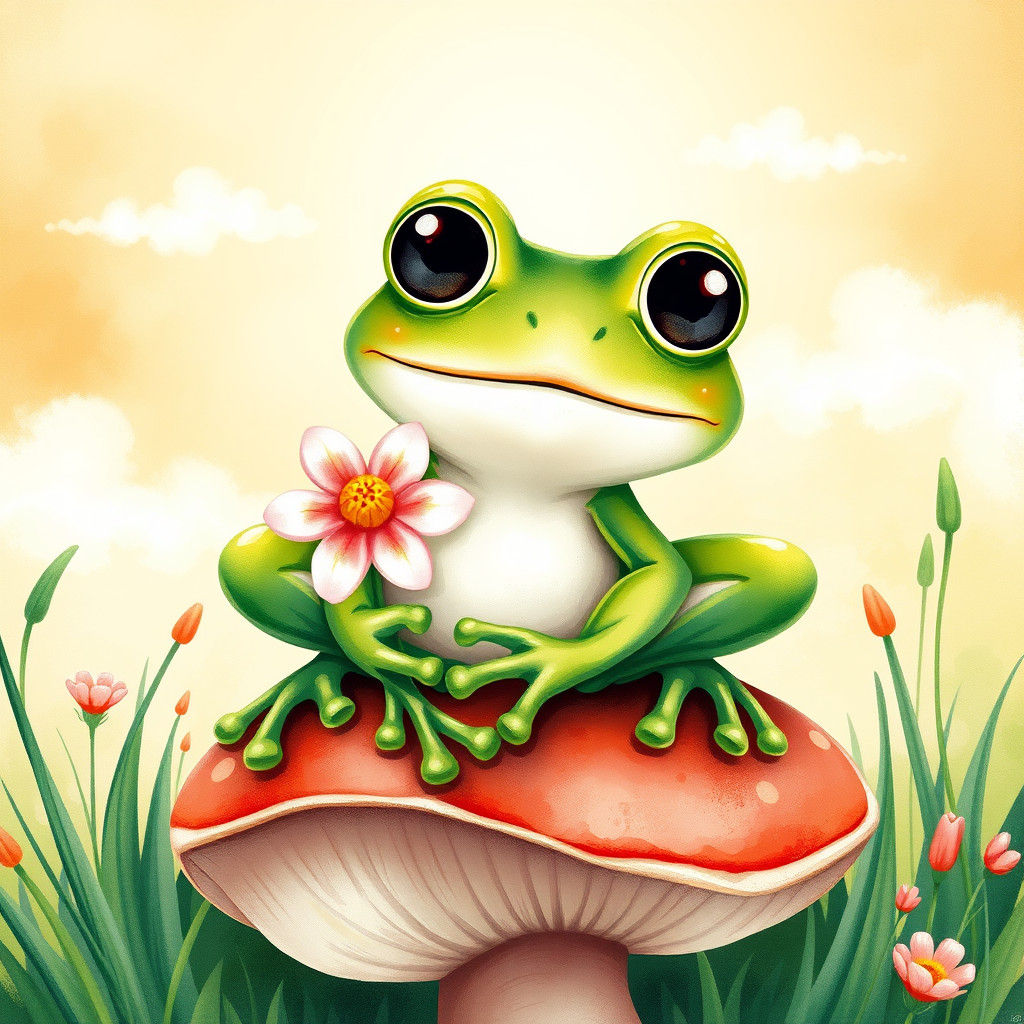 Whimsical Frog with Flower in Watercolor Style