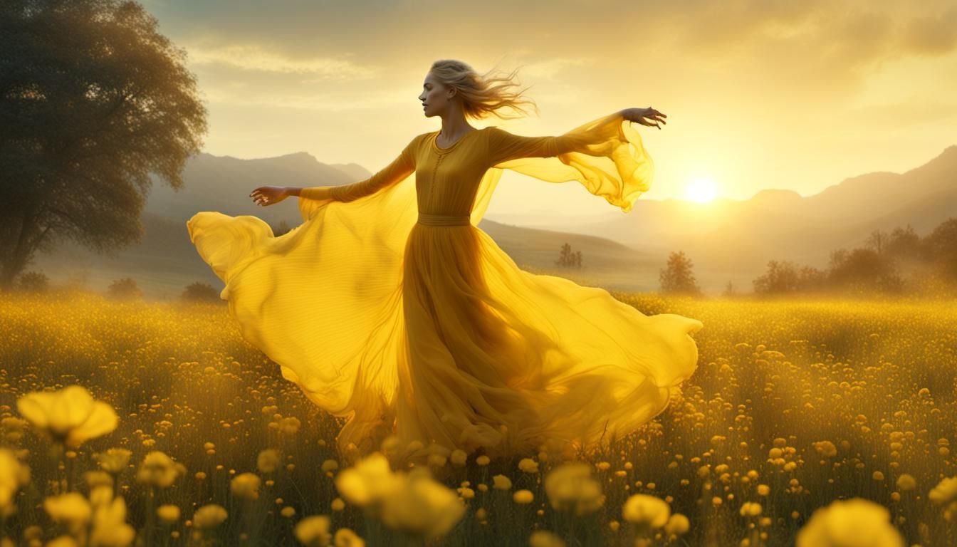 Ethereal Woman Dancing in a Yellow Flower Meadow