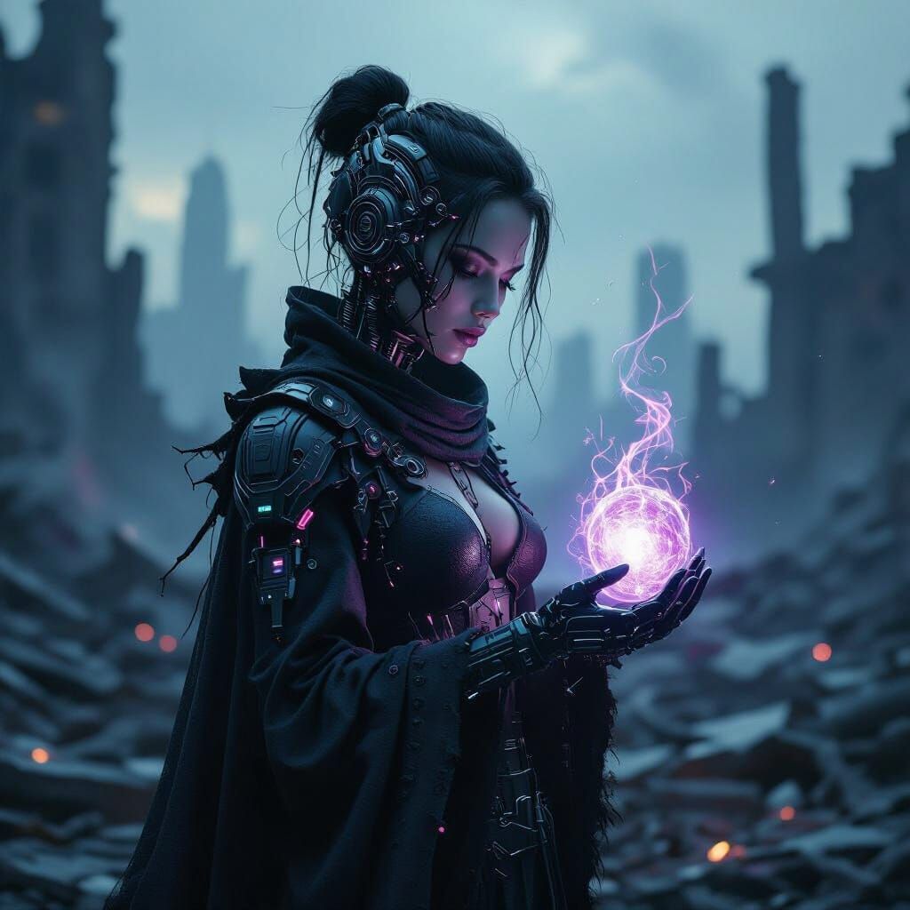 Cybernetic Android in Apocalyptic City Ruins