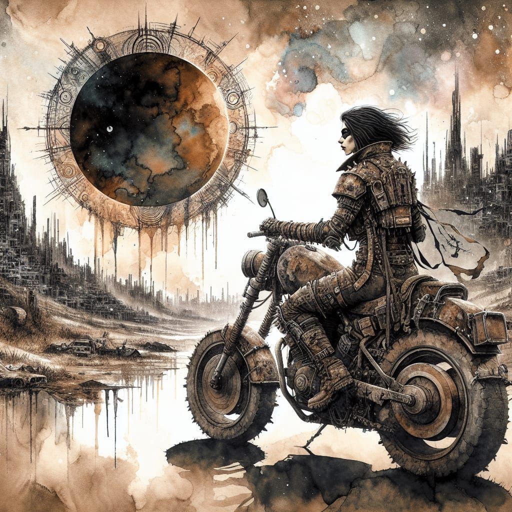 An epic post apocalypse landscape with a diesel punk dark haired, dark skinned warrior woman on a pieced together motorc...