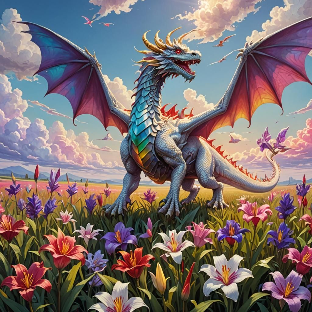 Dragon Soaring over Lily Field in Golden Light