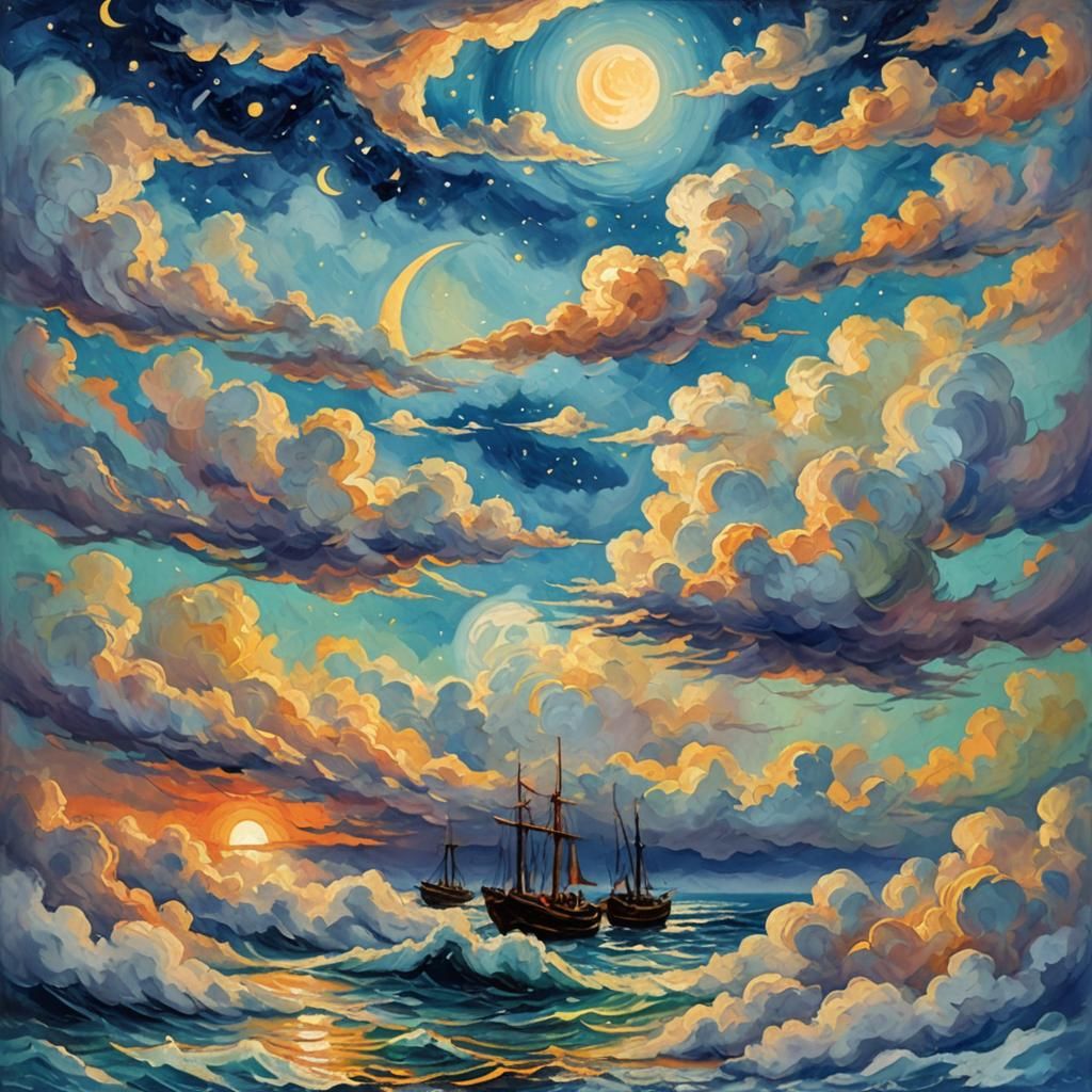 Neo-Impressionist Moonlit Sky with Drifting Clouds