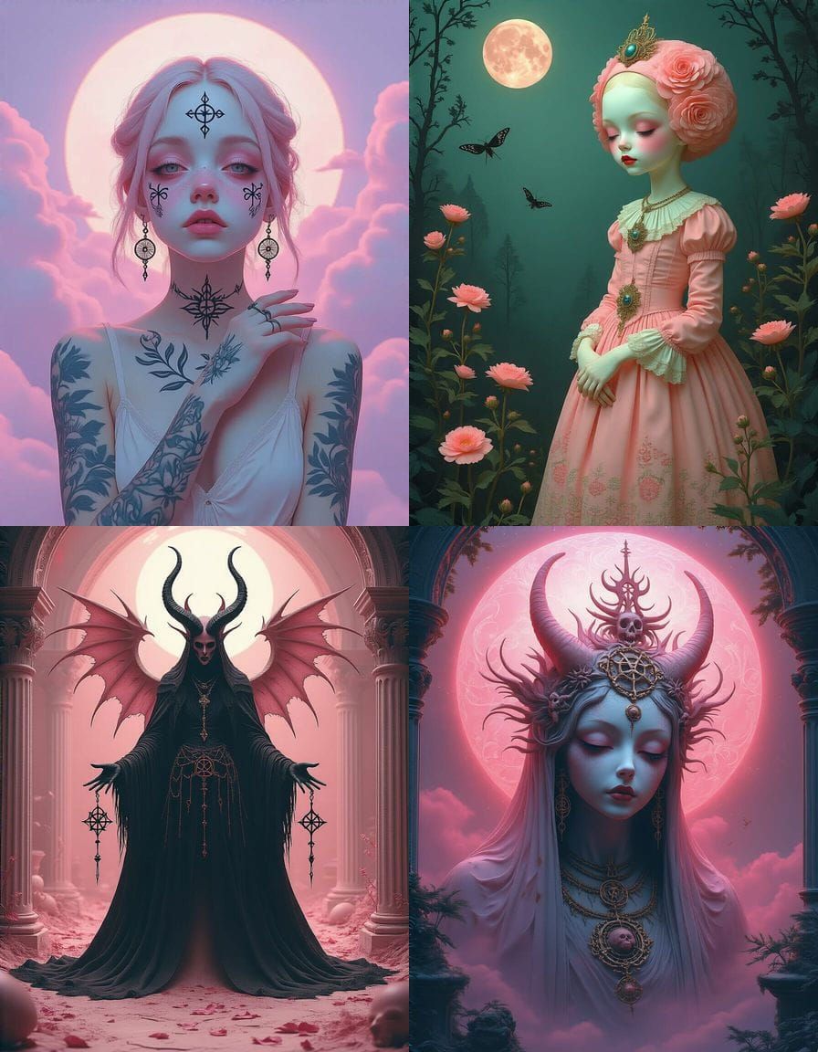 Pale Pink Occult Symbols in Pop Surrealism Style