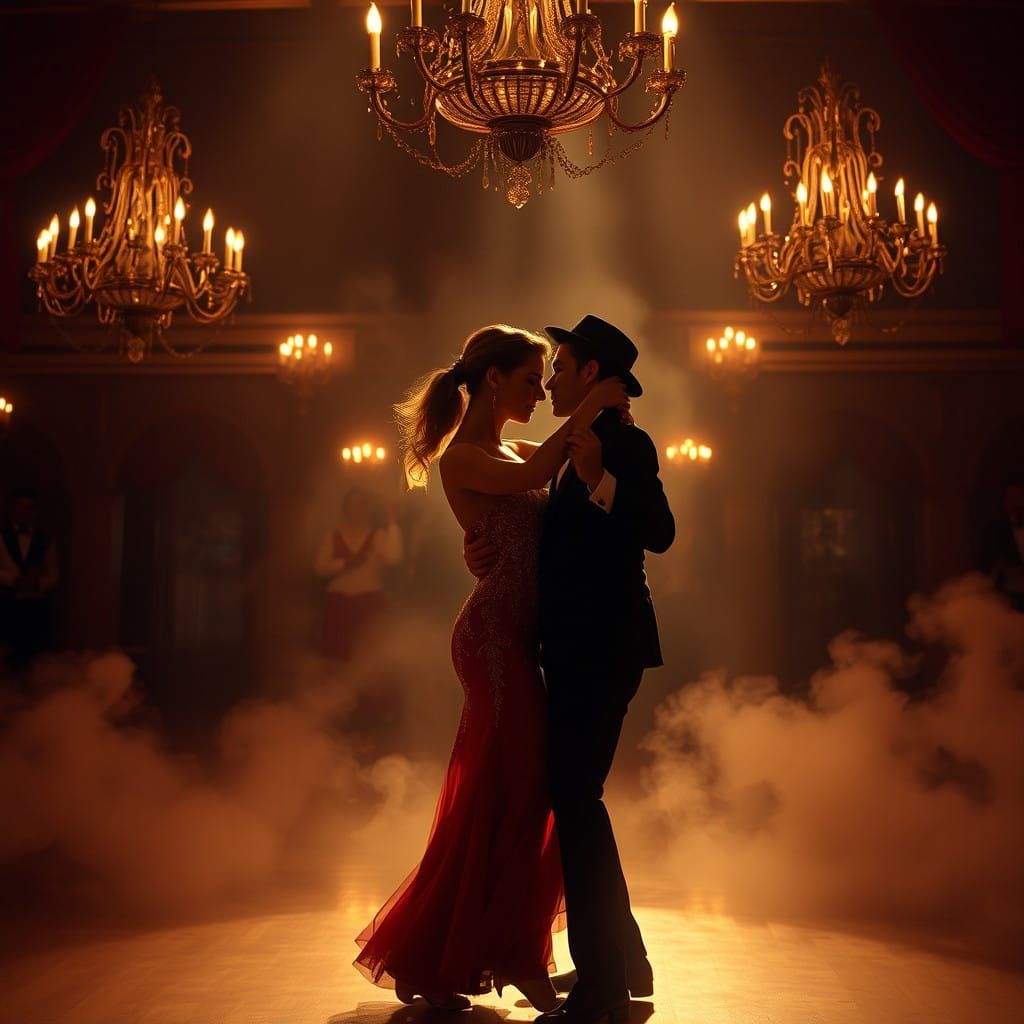 Elegant Argentine Tango Dancers in a Dimly Lit Ballroom
