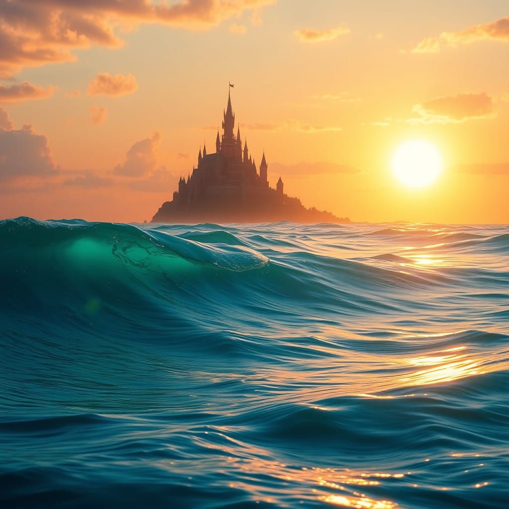 Majestic Castle Silhouette Over Turquoise Waves in Sunset