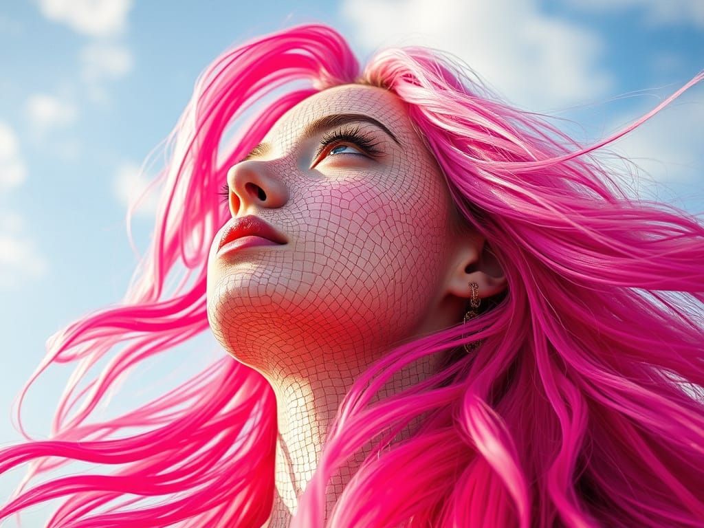 Surreal Lady Gazing Up at Kaleidoscopic Skies in Mosaic Art