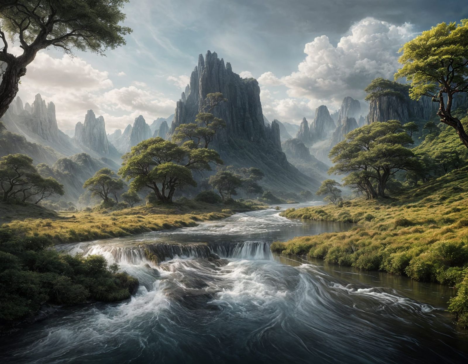 Epic Cinematic Digital Landscape with Rivers and Acacias