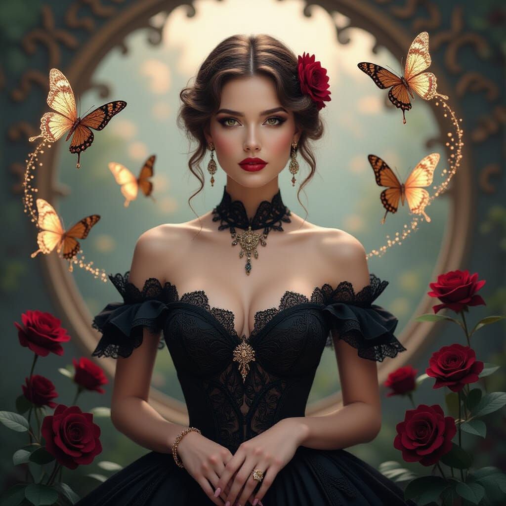 Photorealistic Woman with Fractal Lace and Golden Butterflie...