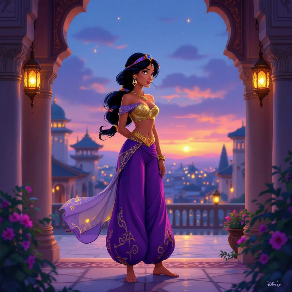 Princess Jasmine in Purple Harem Pants at Dusk