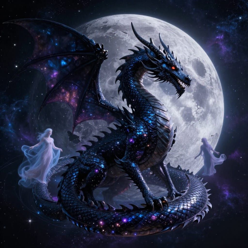 Obsidian Dragon Coiled Around Fractured Moon in Cosmic Space