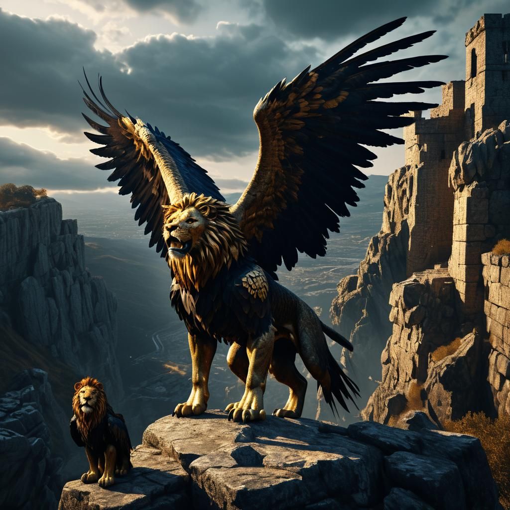 Majestic Lion Eagle Chimera on Craggy Cliff