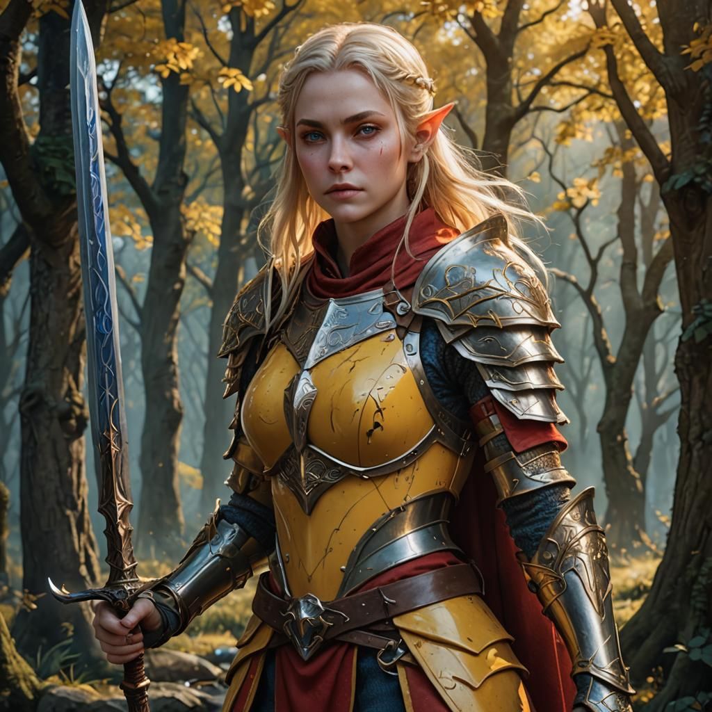 A Female Elven Lightning Knight in yellow and red armor. Long blue blonde with hazel eyes. She protects the Lightning Wi...