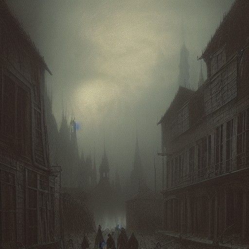 Horror Village at Dawn in Engraving Style