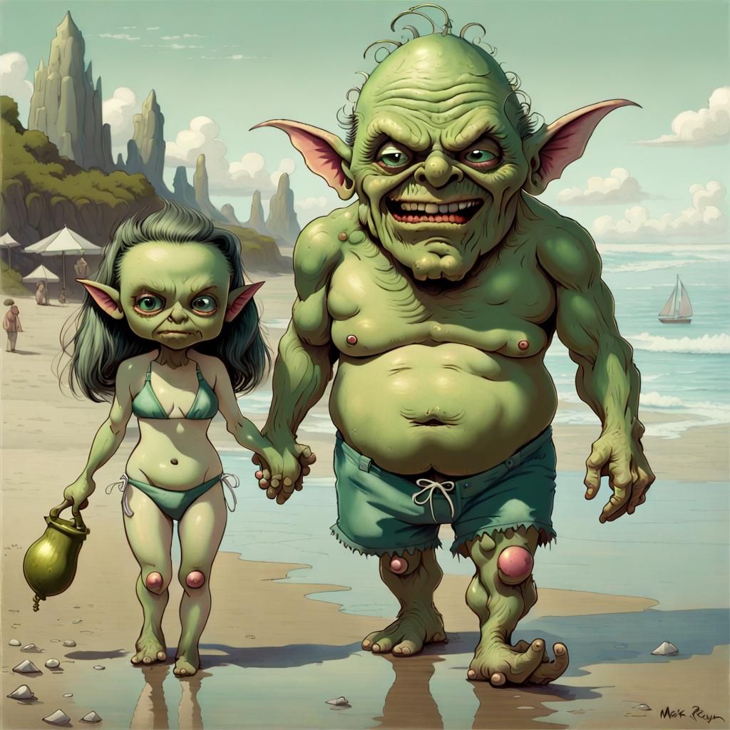 Goblin Couple on the Beach in Pixar Style