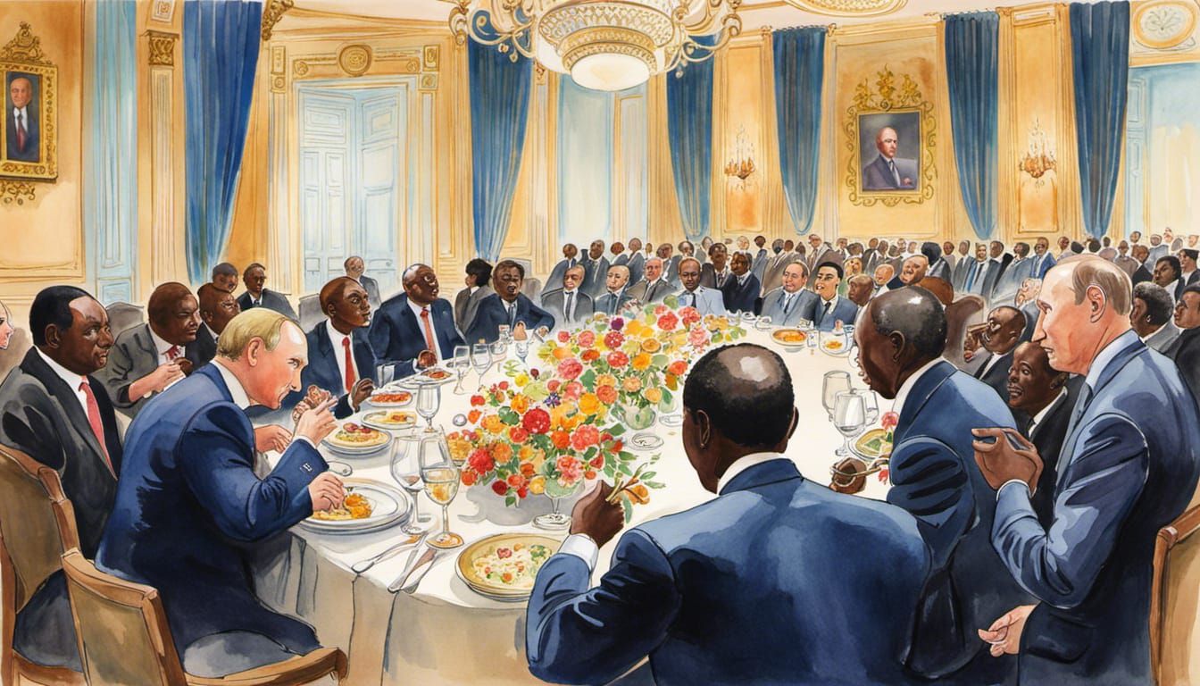 Tense Dinner: Putin and African Leaders in Watercolor