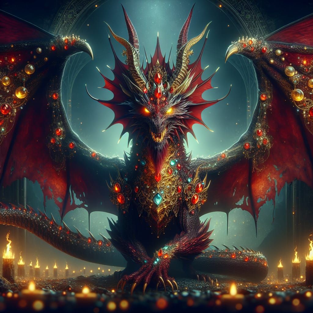 Fearsome Red Dragon with Jewels and Glowing Eyes