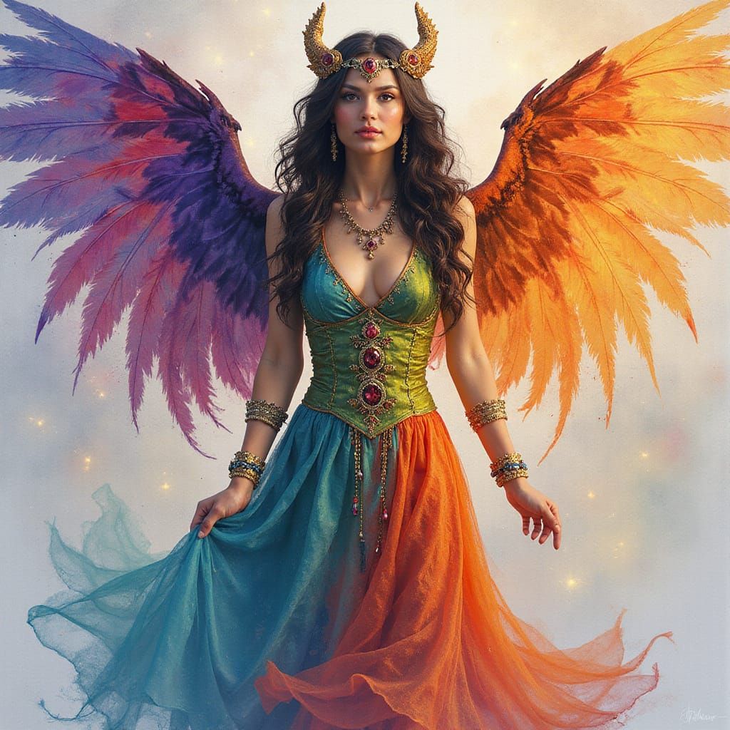 Goddess Morrigan art vibrant colorful whimsy hyper detailed perfect lighting style watercolor