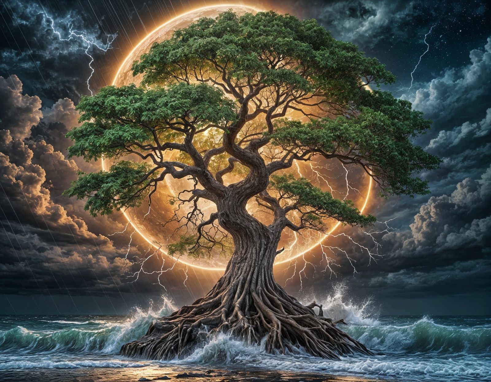 Stormy Tree of Life in Hyperrealistic Style