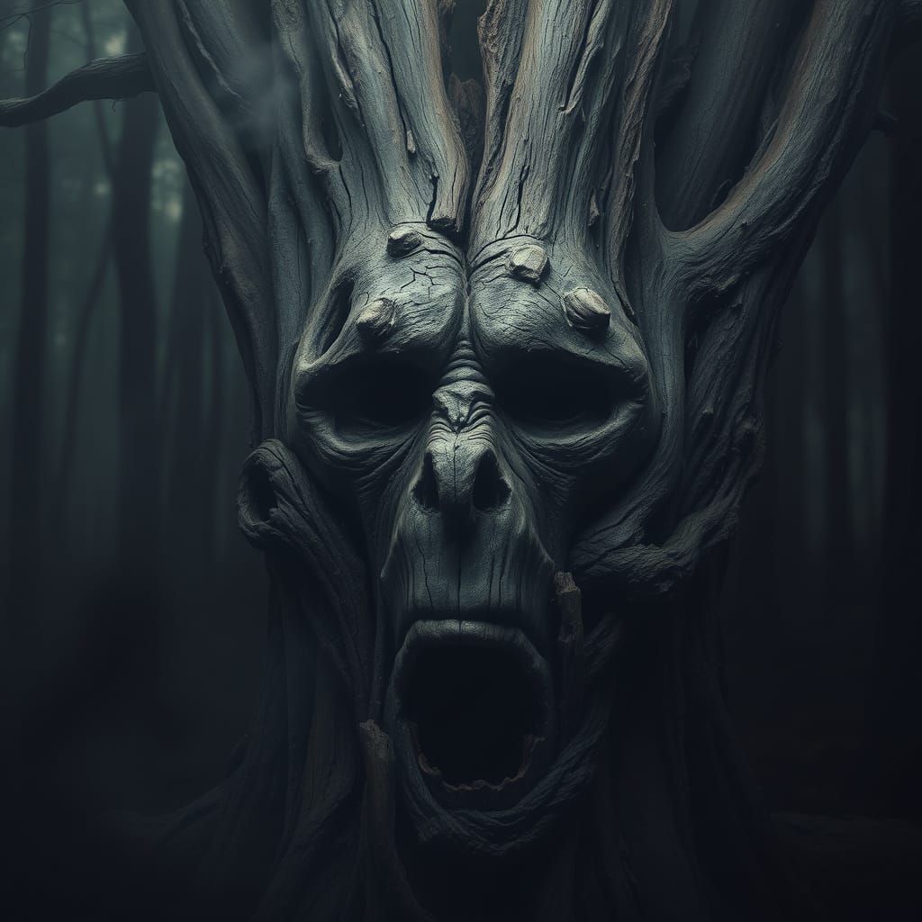 Surreal Tree Trunk Face Emerges from Dark Forest