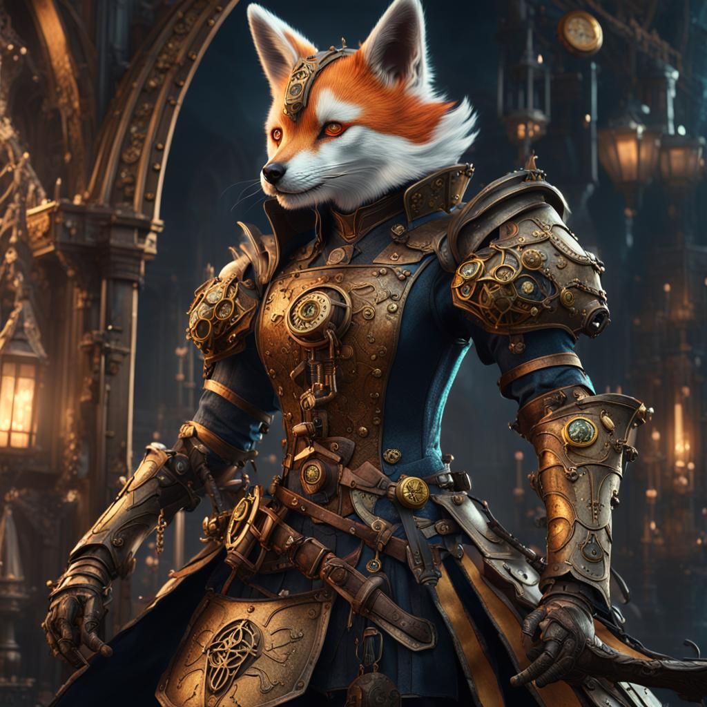Steampunk Kitsune Knight in Detailed Digital Painting