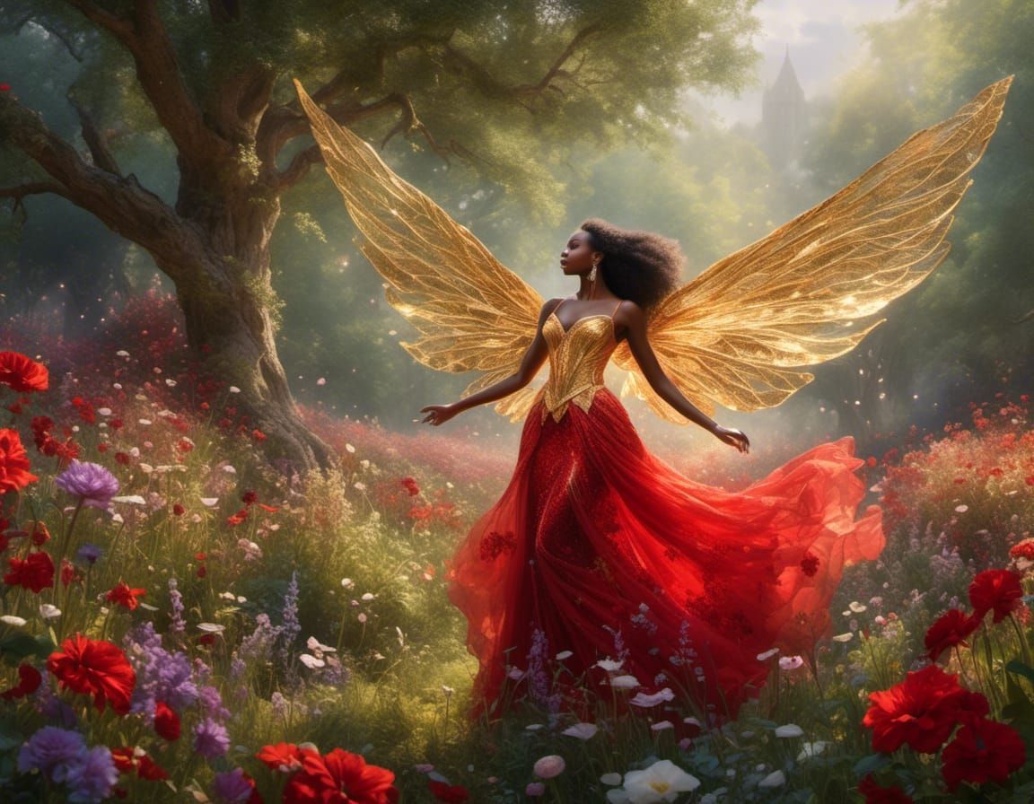 Fairy with Golden Wings in Floral Meadow
