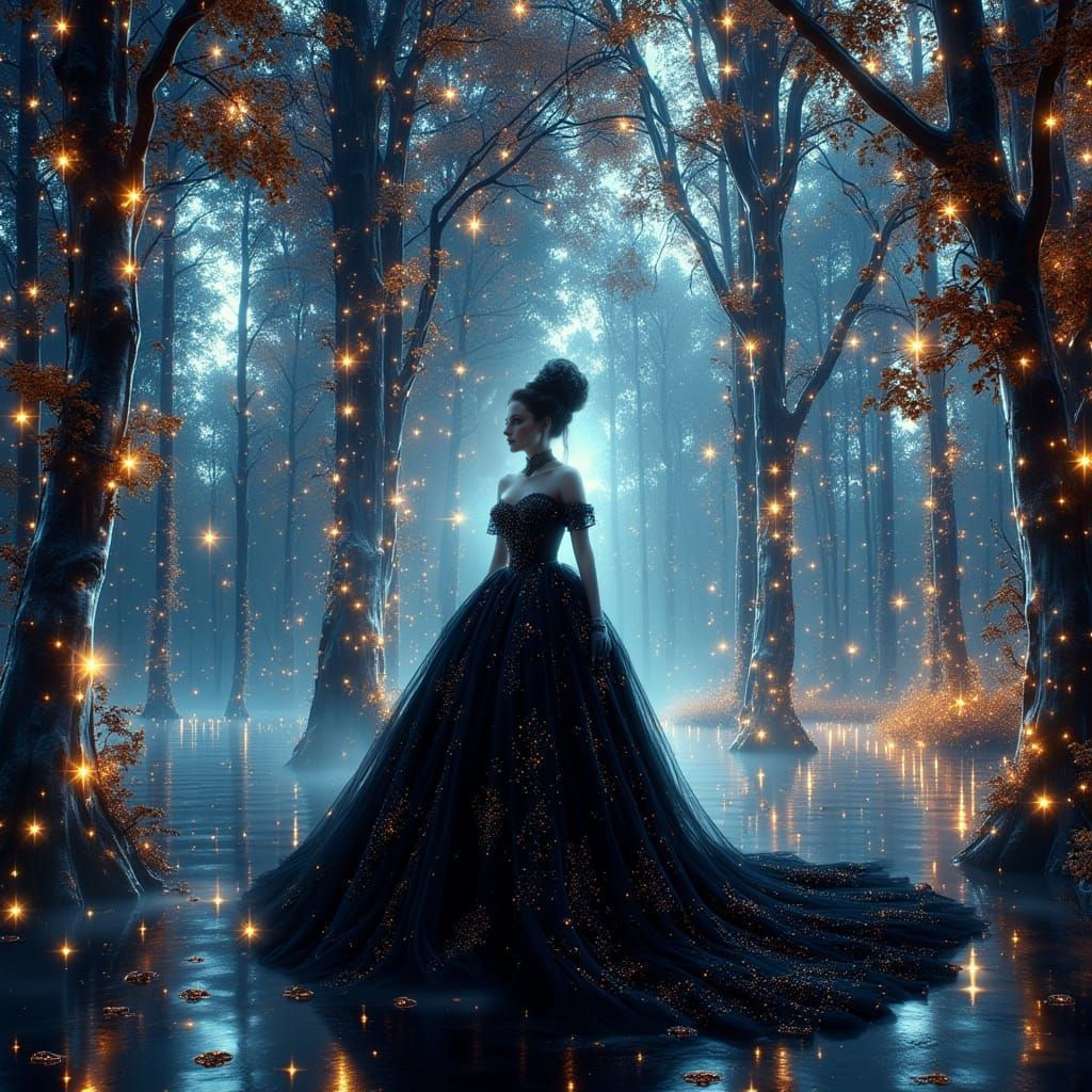 Victorian Woman in Dark Interstellar Landscape