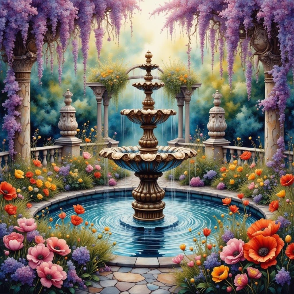 Whimsical Flower Garden with Bronze Fountain, Watercolor Pai...