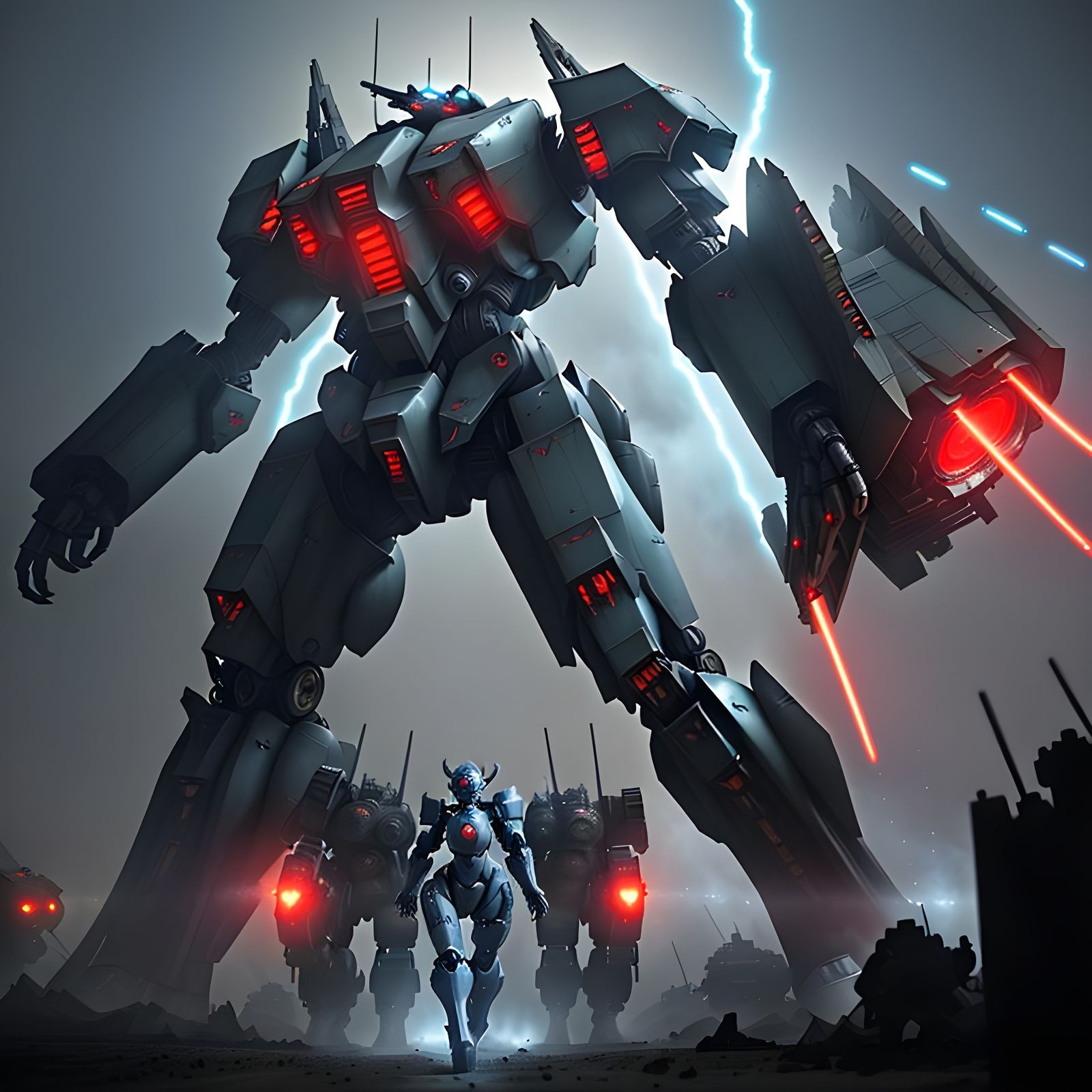 Armored Mechs Descend from Drop Ship in Dust Cloud