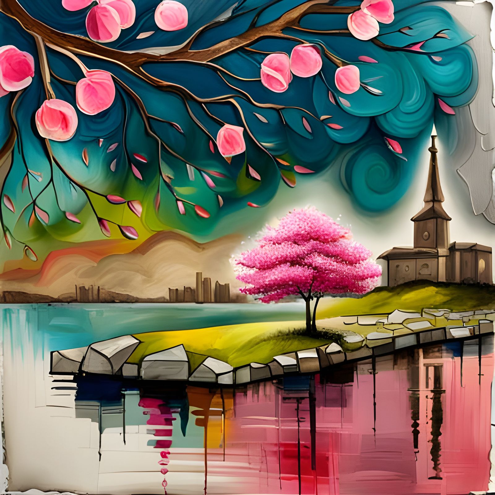 Pink Sakura Tree Collage in Impasto Style