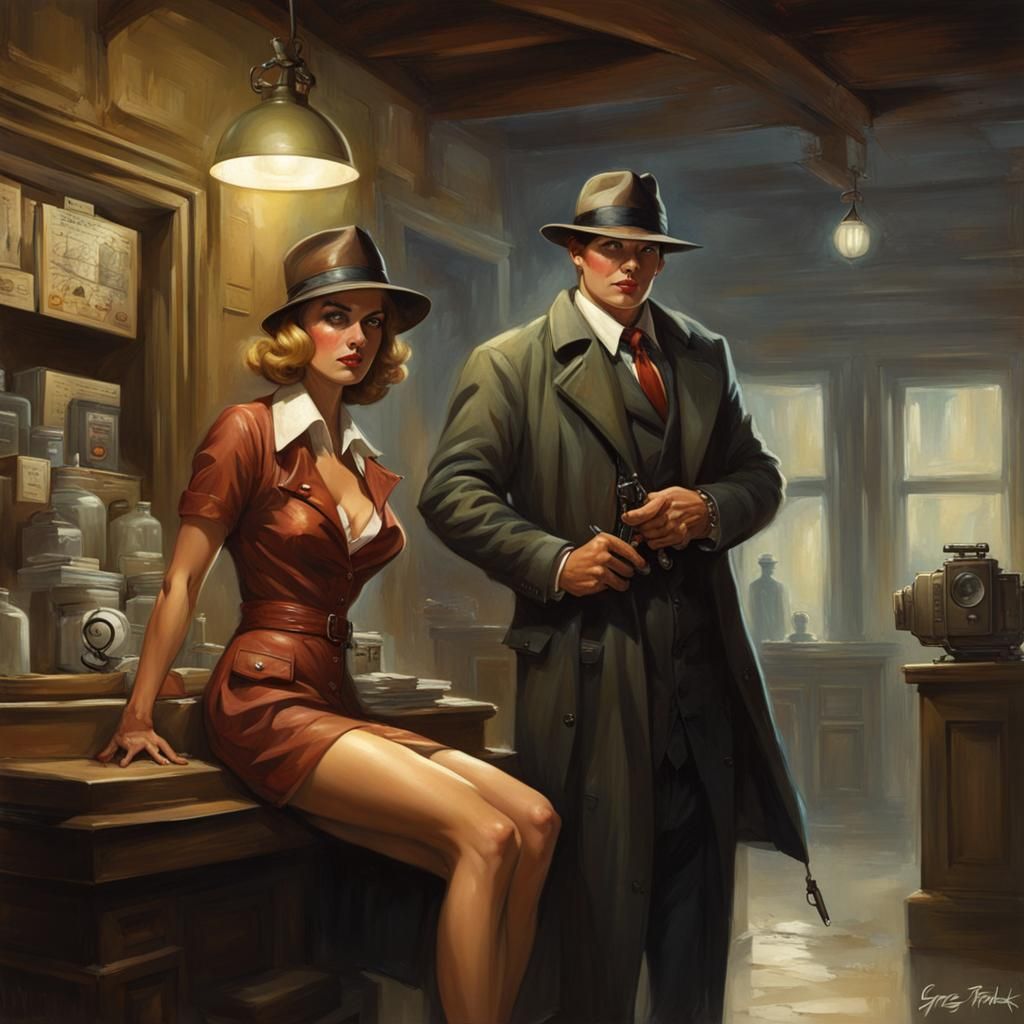 Pulpy hard-boiled detective, posing with a beautiful dame. Science fiction setting.