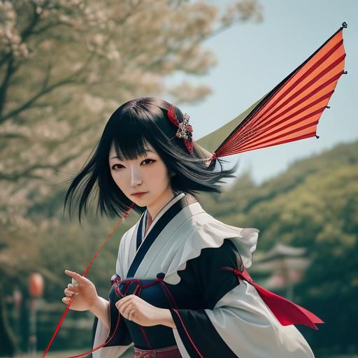 Japanese Gothic Girl Flying a Kite: Photography