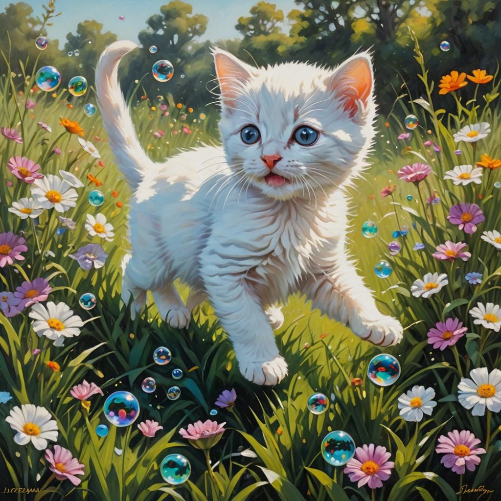 Kitten's Delight: Bubbles in a Sunny Meadow