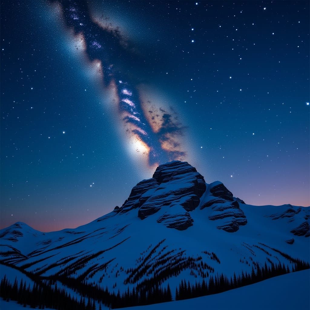 Starry Mountain Peak in Romantic Realism Style