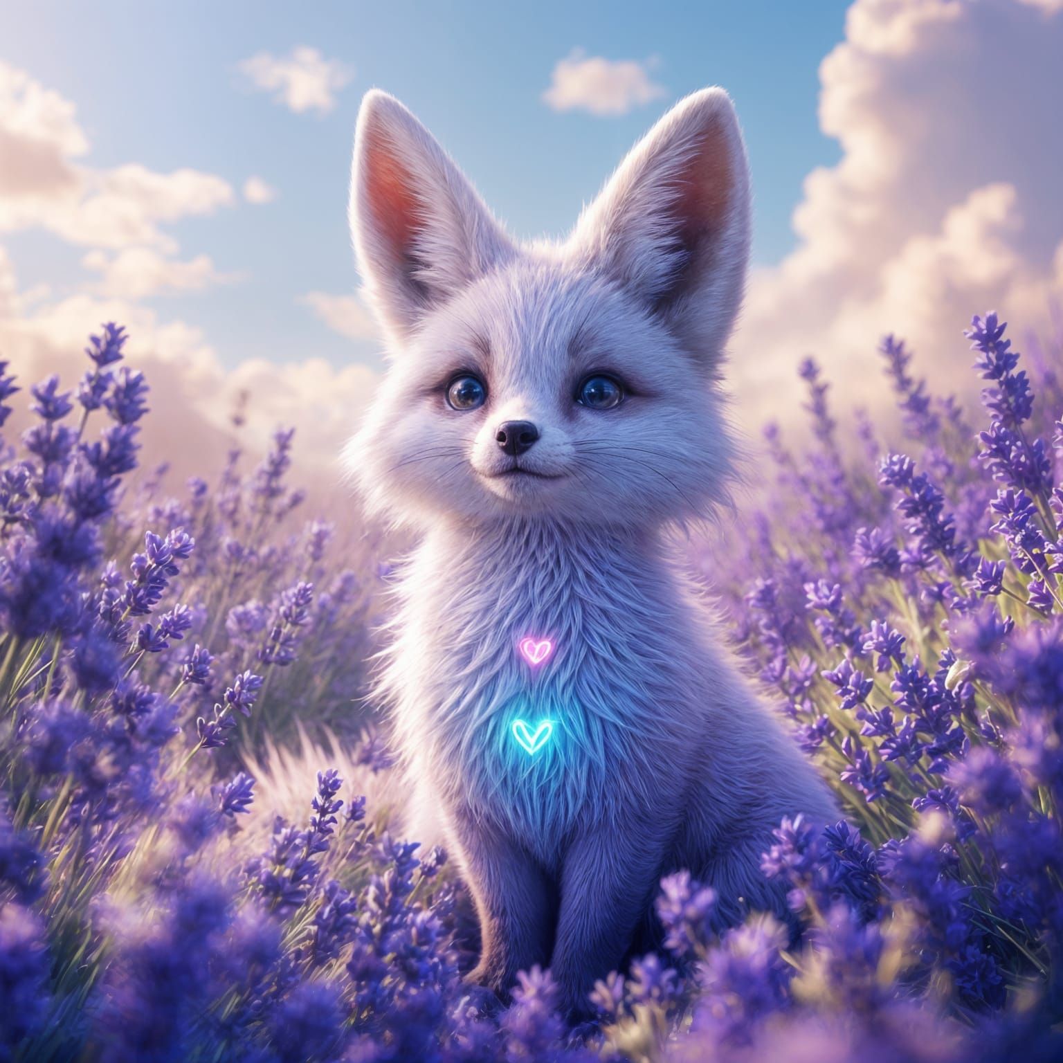 Vibrant Neon Fox Surrounded by Lavender Blooms in Springtime