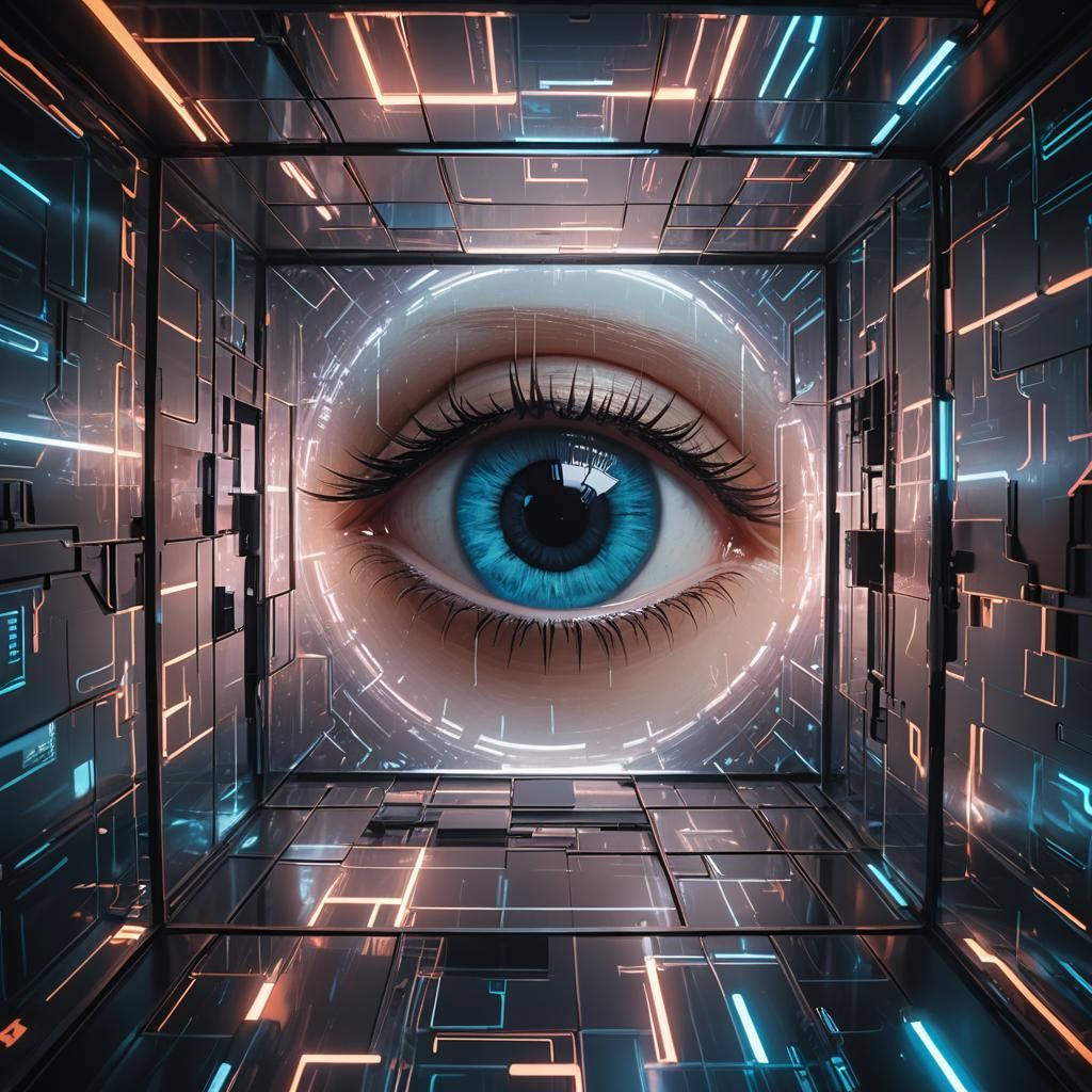 Defined Eye in Glass Cube, Cyberpunk Style