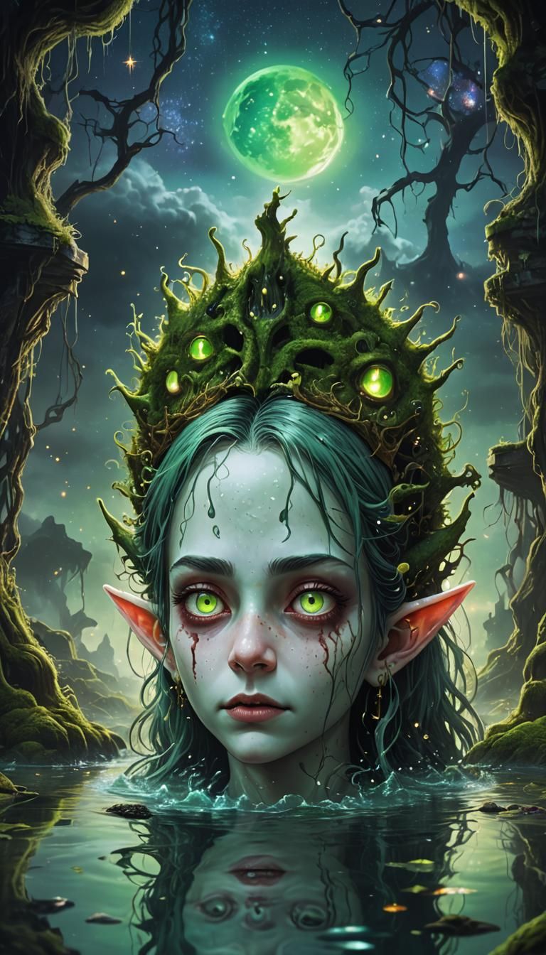Elven Horror Queen in Mossy Submerged Room