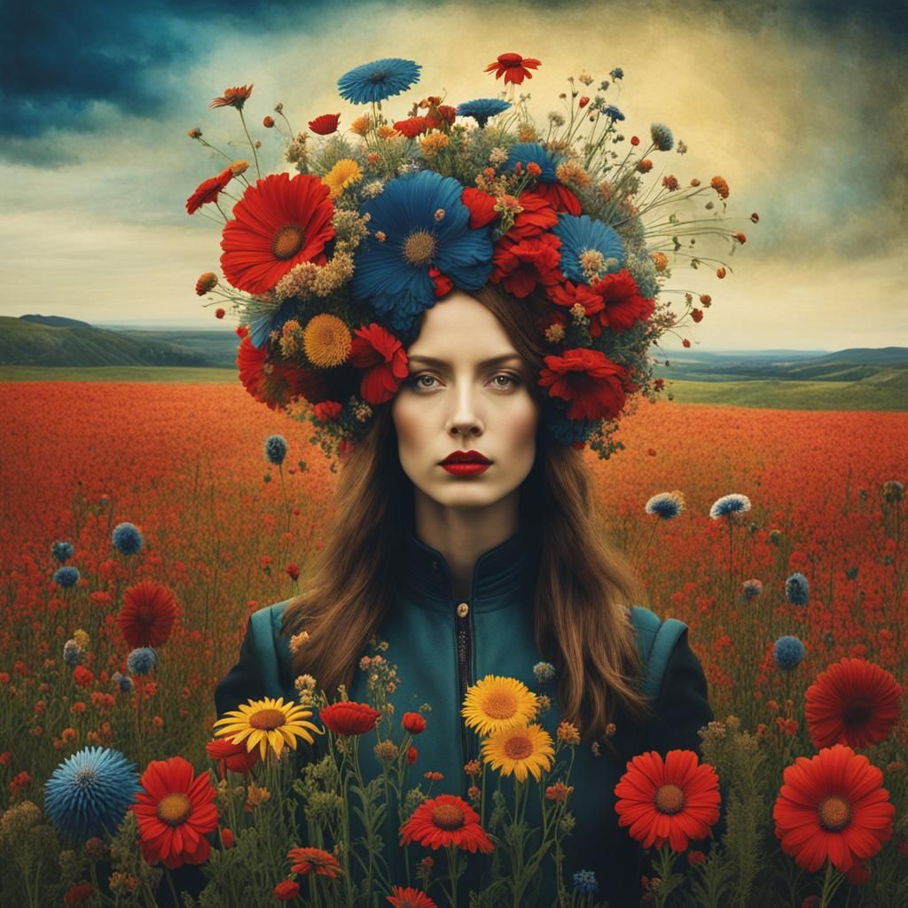 Woman in Flower Field: Surreal Dark Fantasy Art