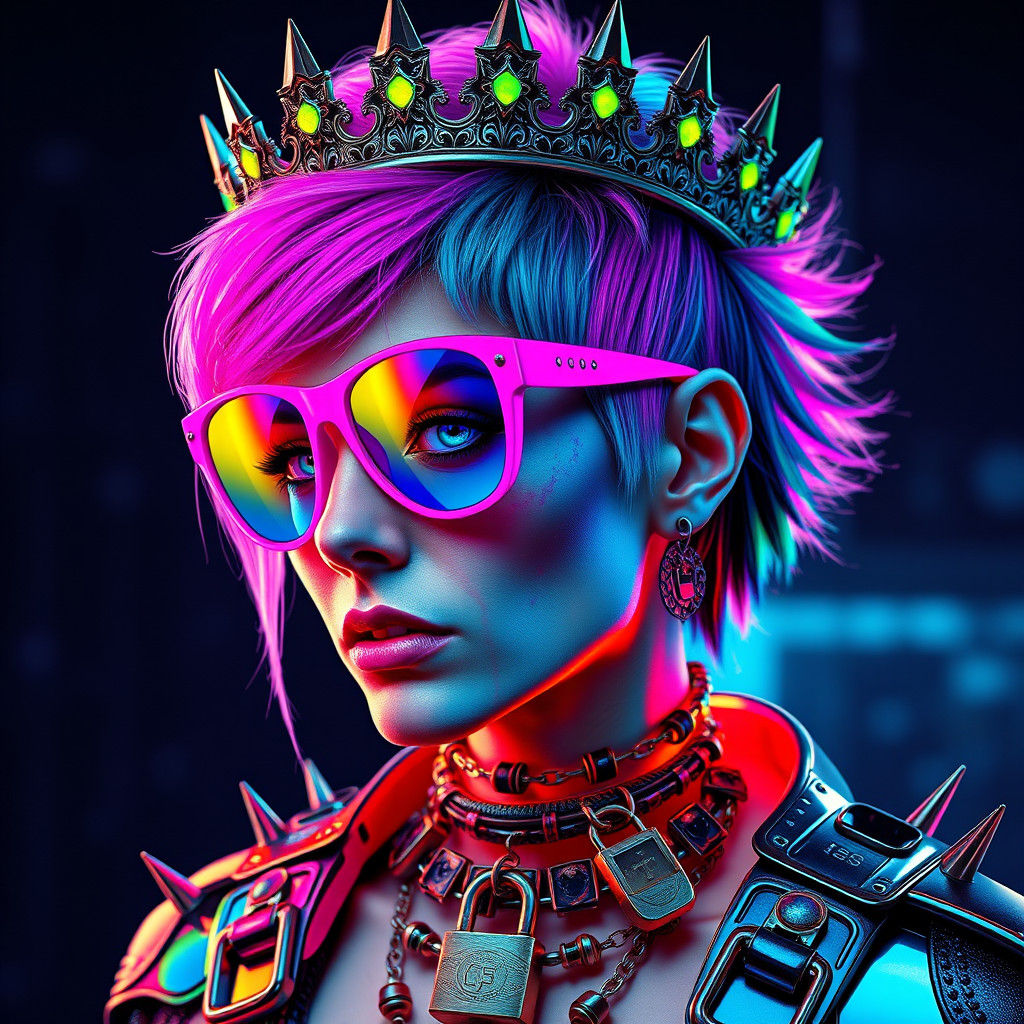 Neon Punk Queen with Baroque Crown, Cyberpunk Art