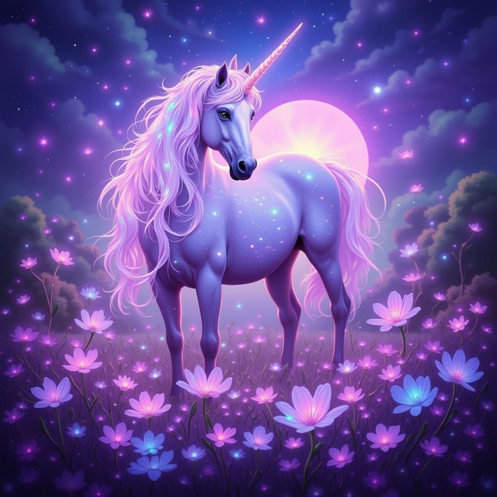 Unicorn with Quartz Horn in Luminous Moonflower Meadow