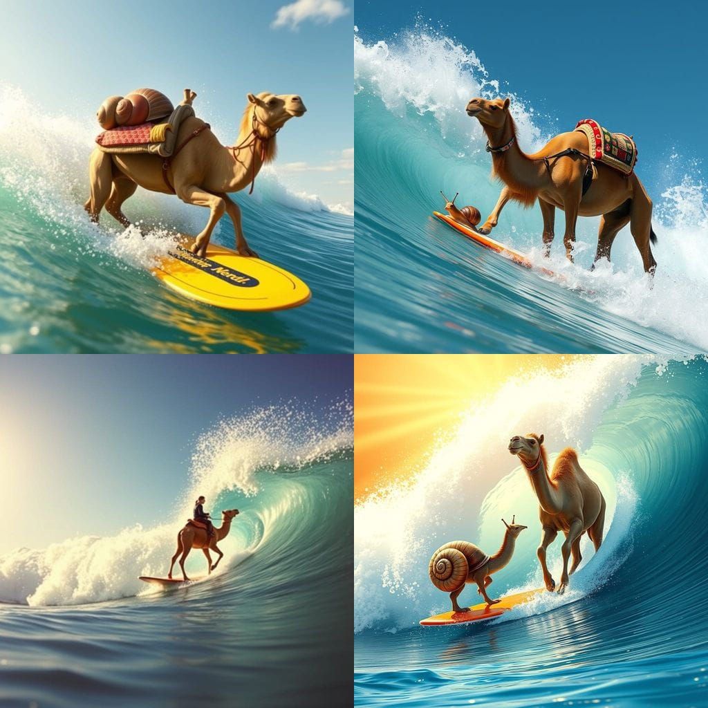 Surfer Snail and Camel Ride a Monster Wave on Sunny Day