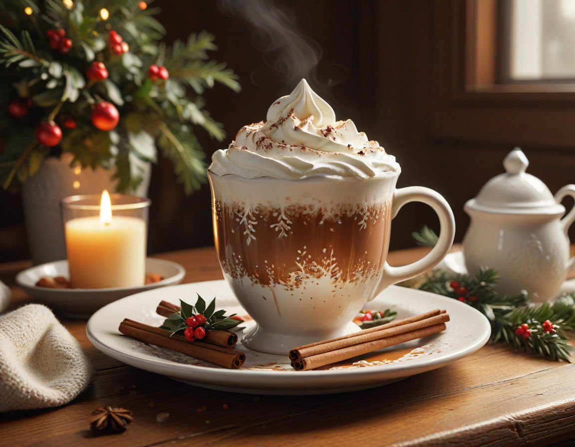 Warm Festive Still Life with Hot Chocolate and Holly
