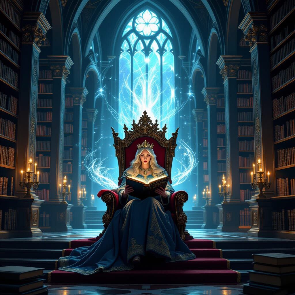 Queen Reading Mystical Book in Royal Library