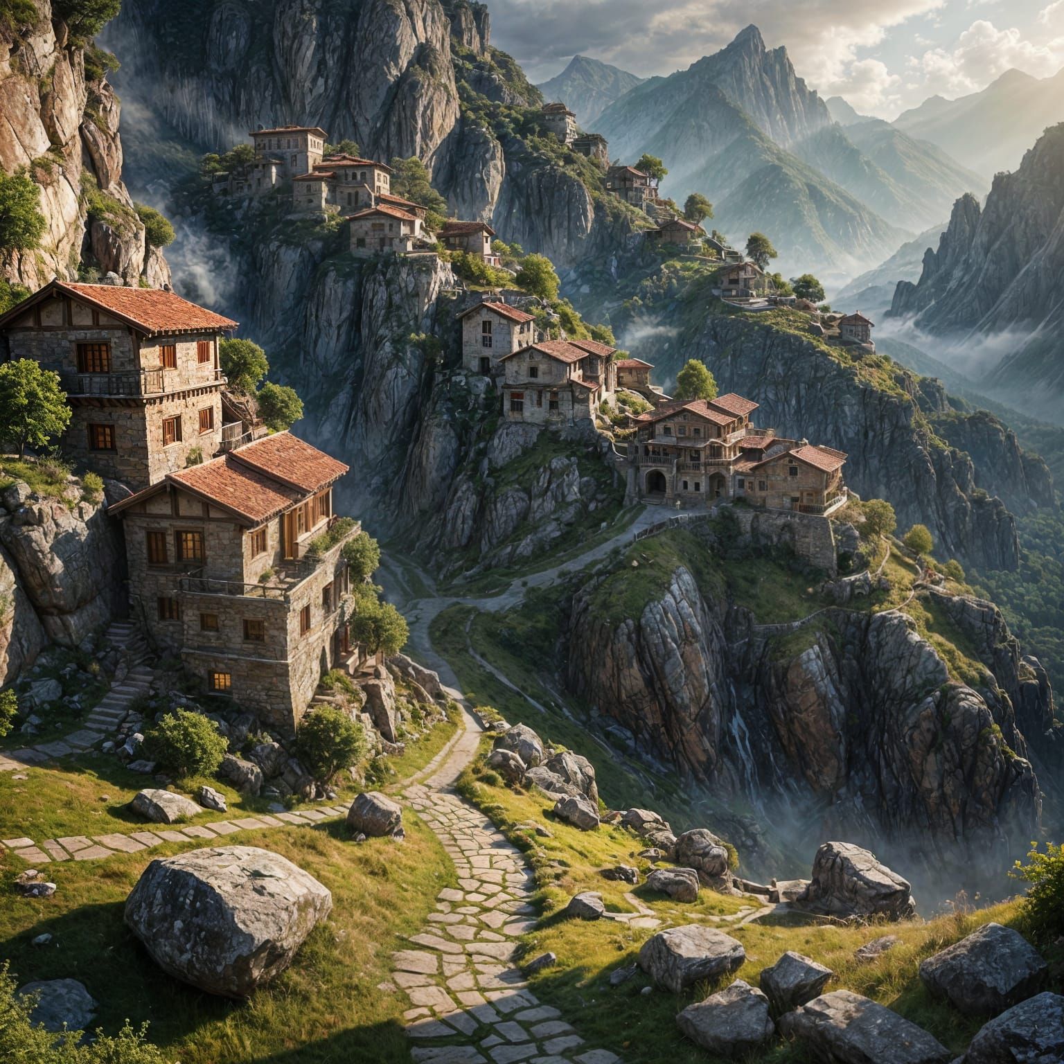 Mountain Village with Winding Paths, Cinematic View