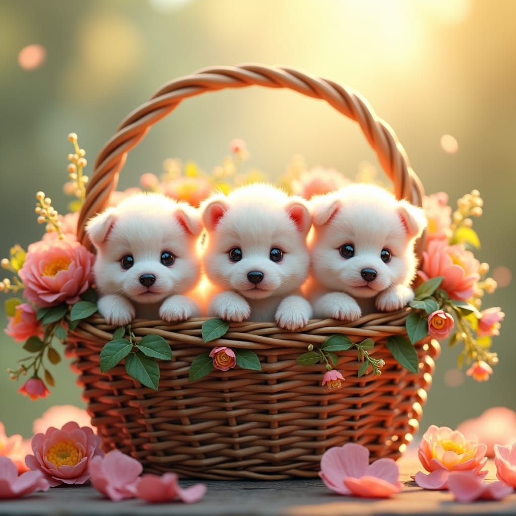 Fluffy White Puppies in Floral Basket