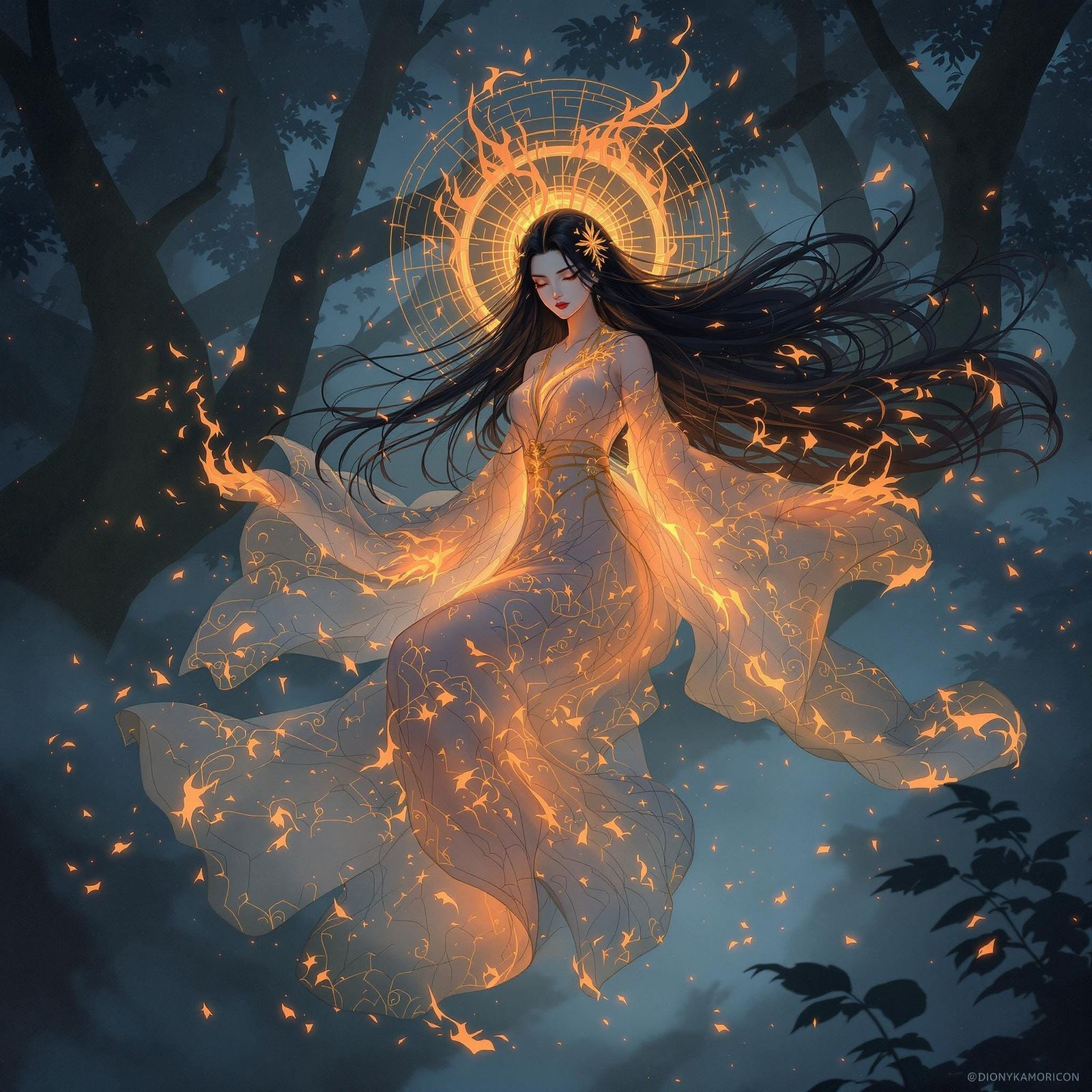 Ethereal Japanese Fire Spirit in Enchanted Forest