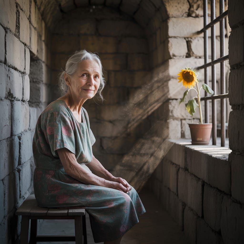 Elderly Woman's Peaceful Prison Solitude