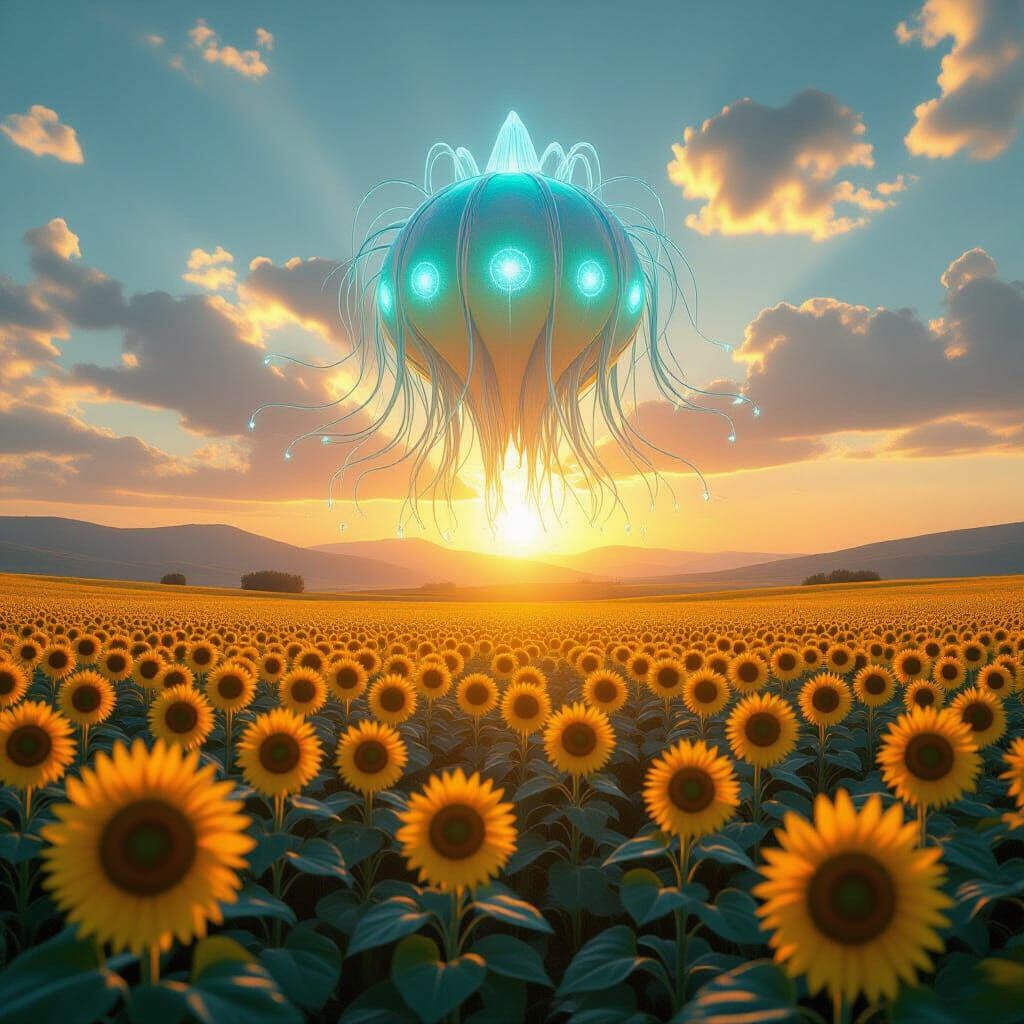 Iridescent Alien Entity Above Sunflower Field